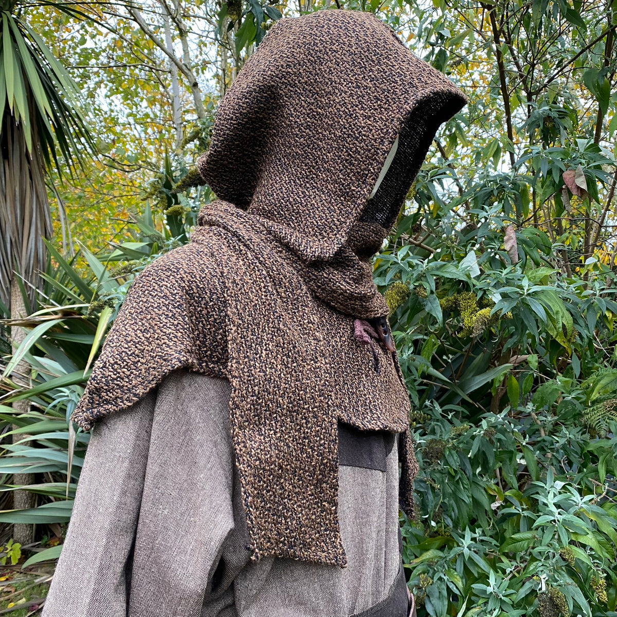 White and brown medieval LARP tunic, trousers, and hood set, front view.
