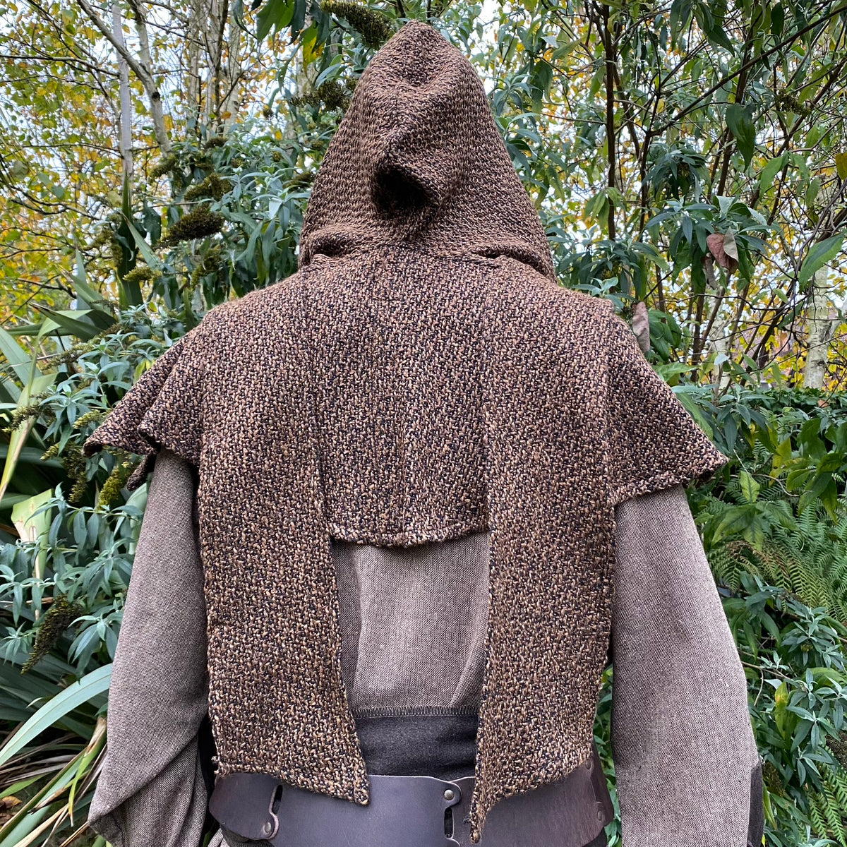 Brown and red medieval LARP tunic with knitted hood, back view.