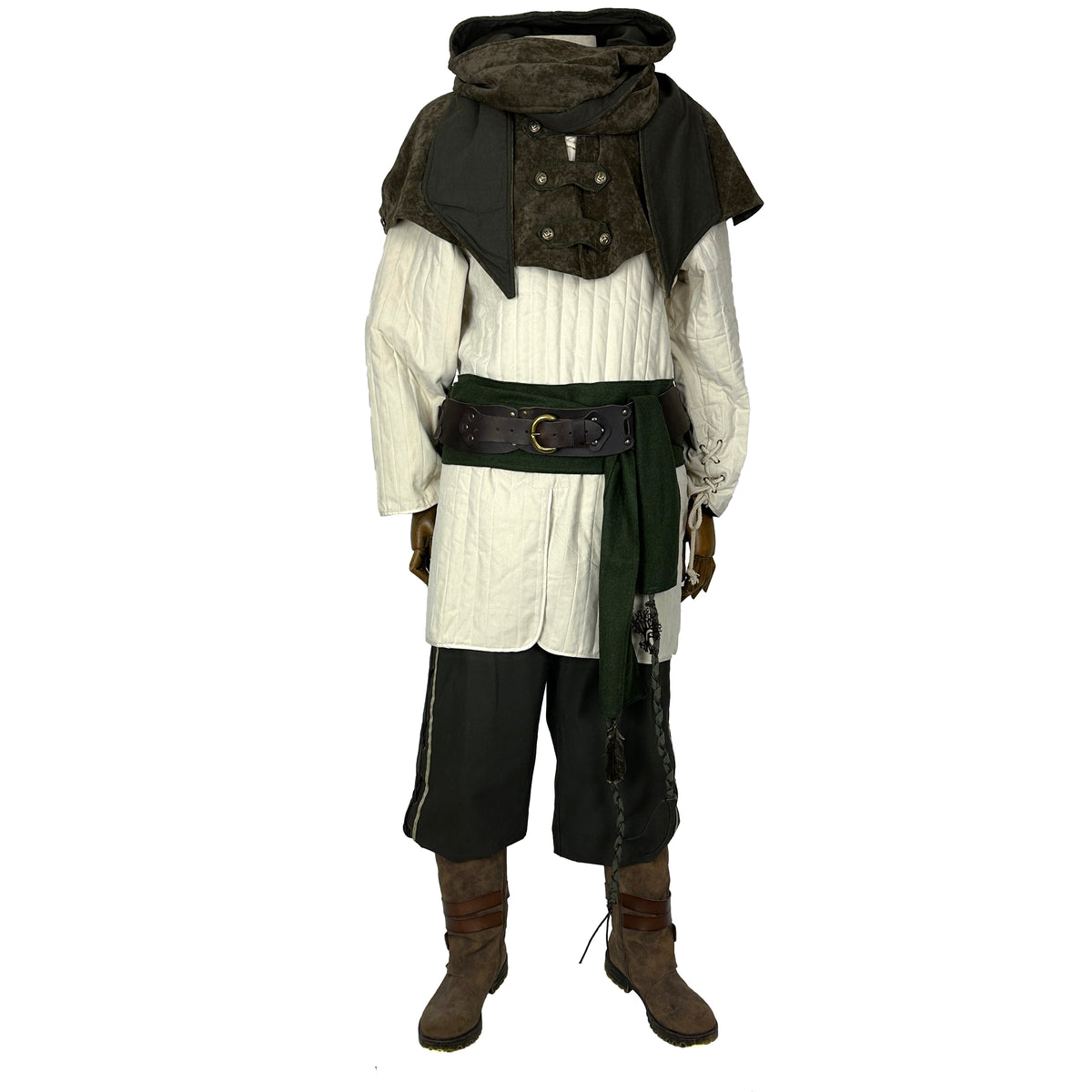 Green medieval LARP outfit with hood, gambeson, pants, arm wraps, sash, front view.