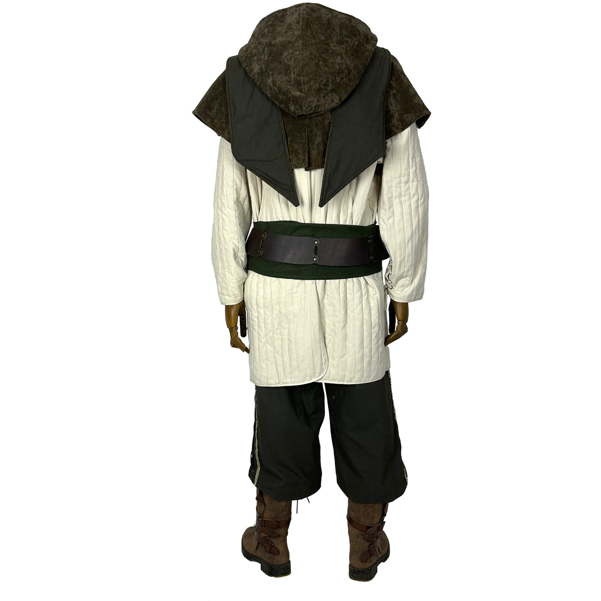 Back view of medieval LARP costume with green hood, gambeson, and pants.