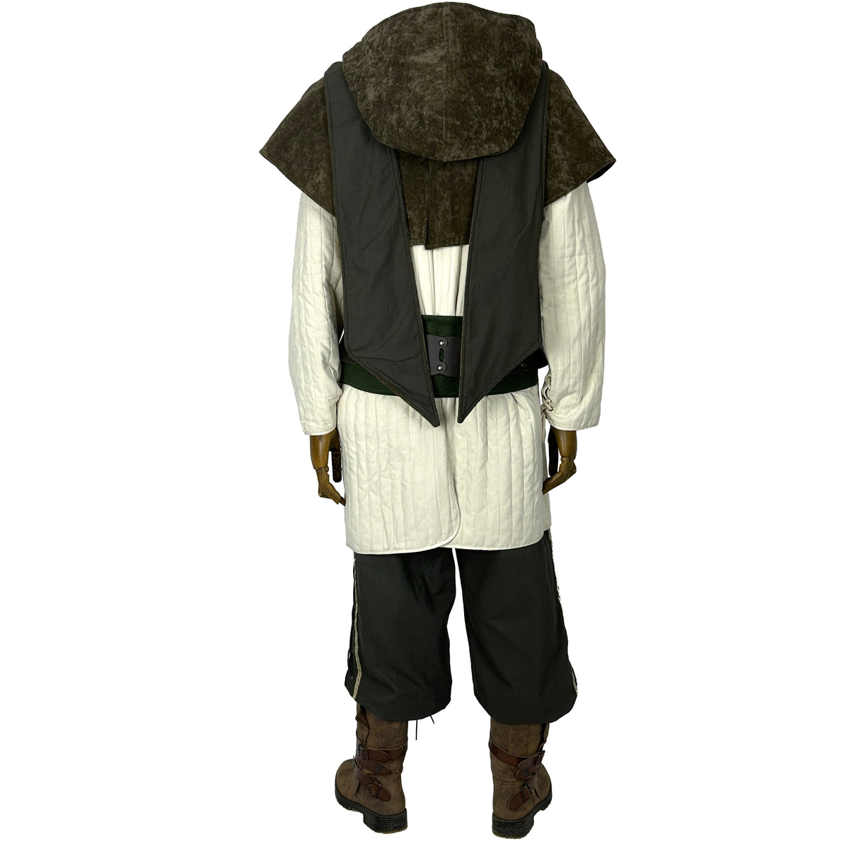 Rear view of a green medieval LARP outfit with hood and gambeson.
