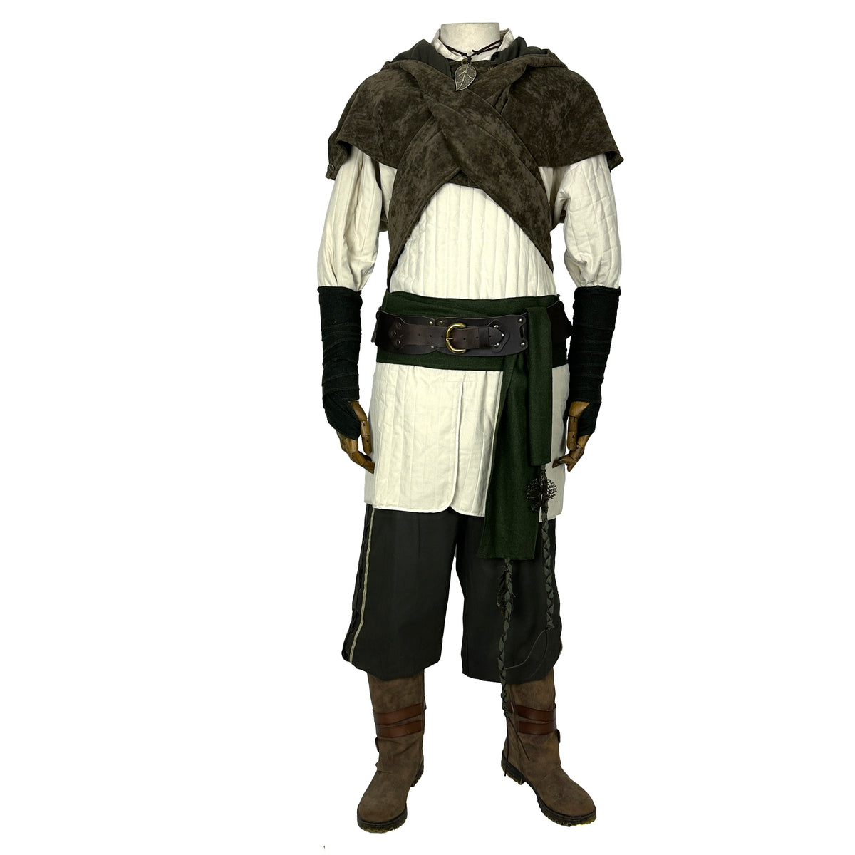 6 piece green medieval LARP outfit with hood, gambeson, pants view.