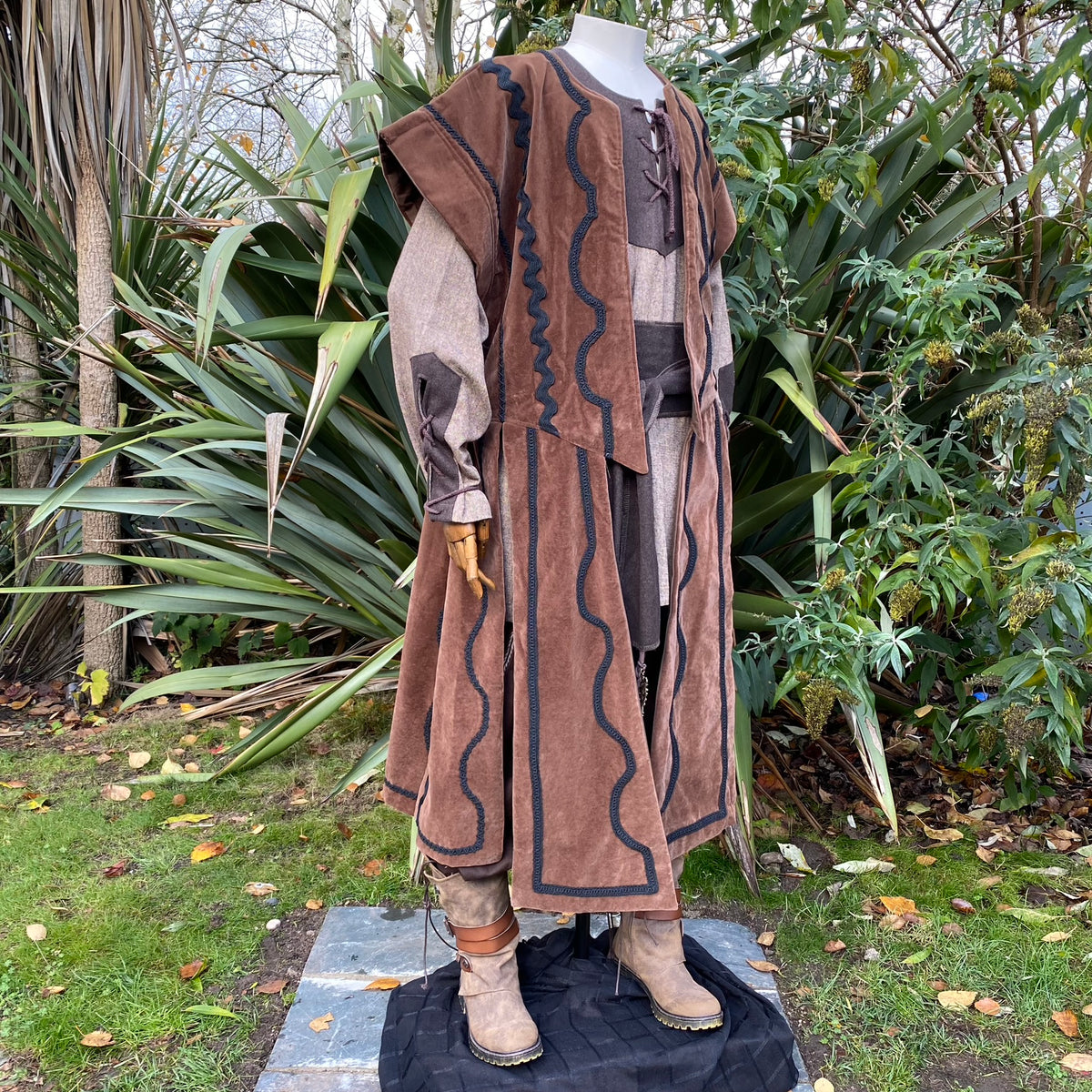 Medieval LARP waistcoat with braiding, full-length.