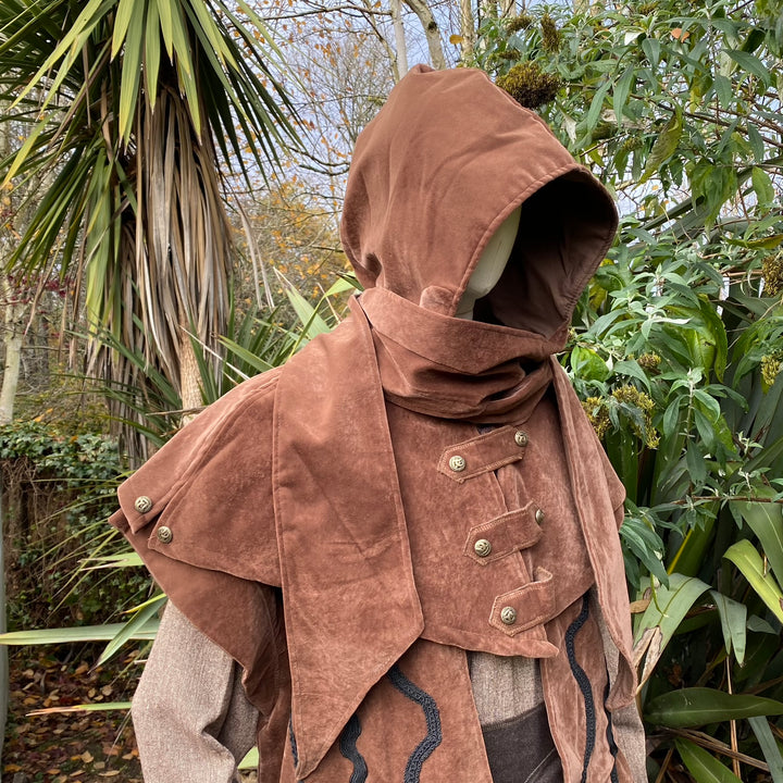 This LARP Hood is Brown with a Wrap Around extention. This Viking Scarf Hood is made of Faux Suede Effect, and is Water Resistant and Warm: perfect for your LARP Character and LARP Costume, Cosplay Event, and Ren Faire.