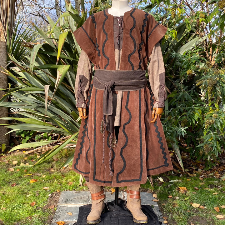 Dwarf Merchant LARP Outfit - 2 Pieces; Brown Suede Effect Panel Waistcoat and Hood, - Chows Emporium Ltd