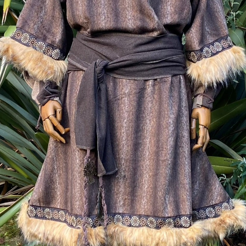 Brown mohair LARP tunic and sash with fur trim, front view.