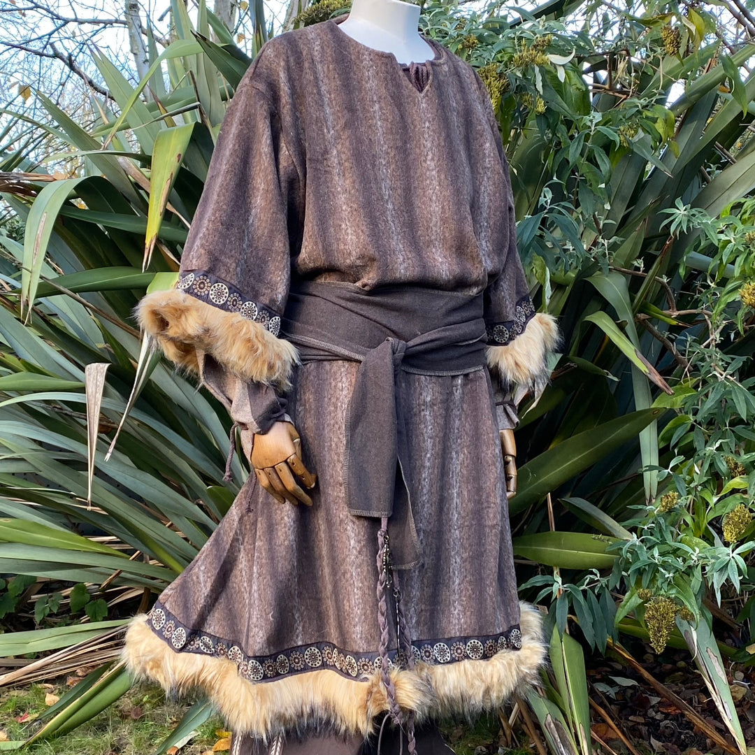 Mountain Warrior LARP Outfit - 3 Pieces; Faux Fur Trimmed Tunic, Mohair Hood, Sash - Chows Emporium Ltd