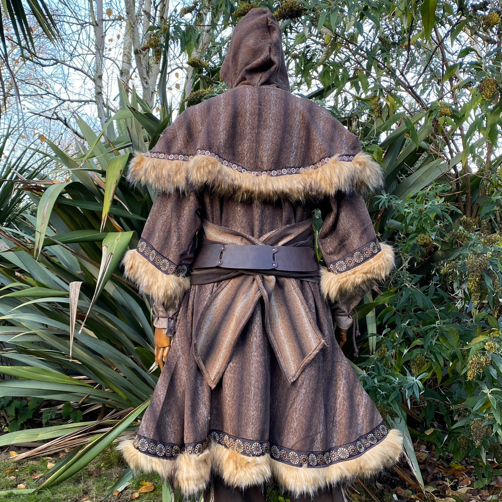 Medieval LARP outfit back view, featuring a brown fur trim tunic and matching hood. For Renaissance Faire and historical roleplay events.
