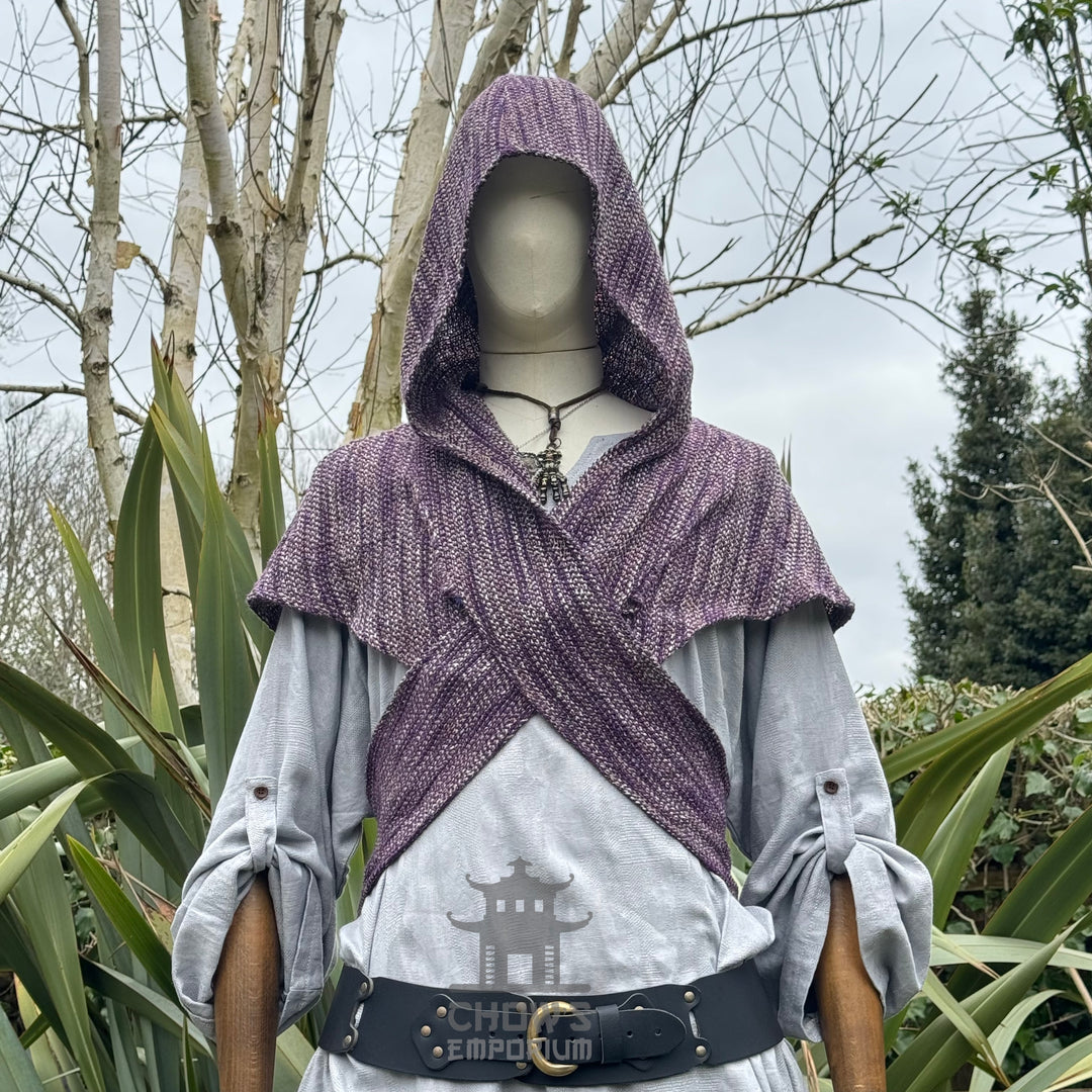 Purple wool scarf hood for medieval LARP, front view on mannequin.