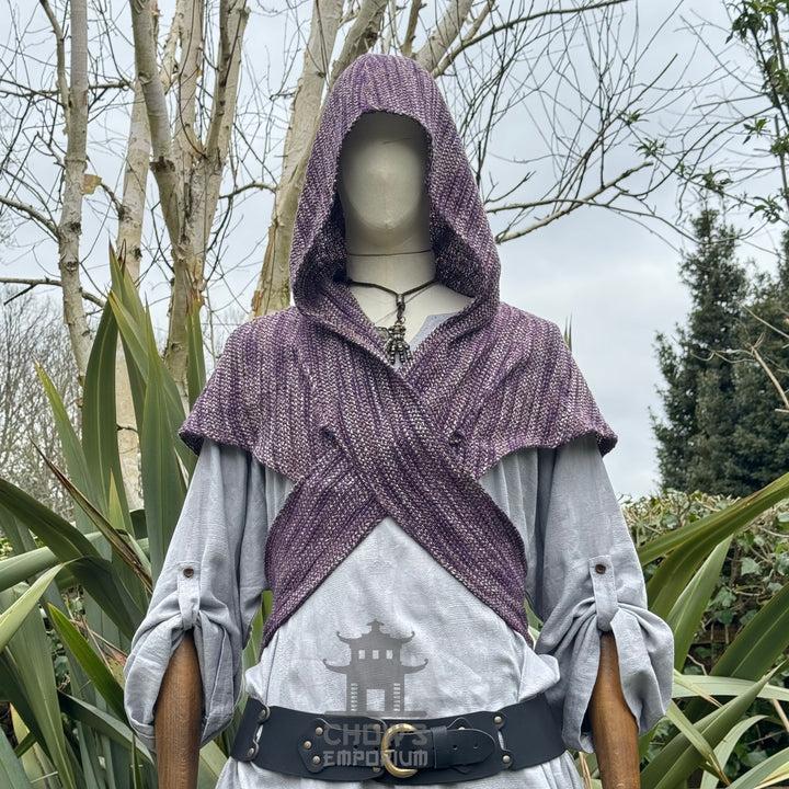 Purple wool scarf hood for medieval LARP, front view on mannequin.