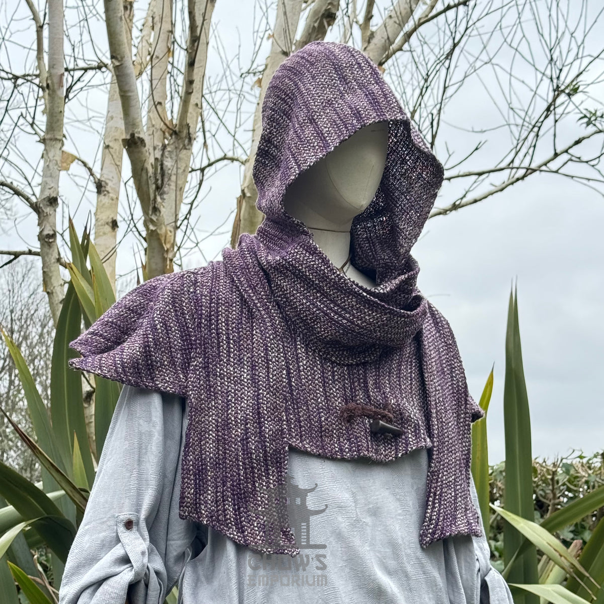 Purple wool scarf hood on mannequin, LARP medieval style.