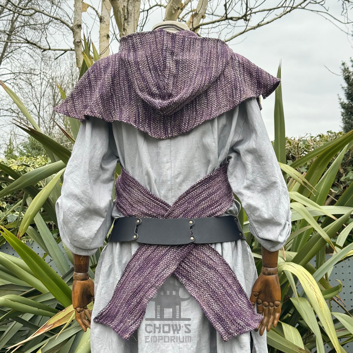 Purple LARP wool scarf hood draped on mannequin, back view.