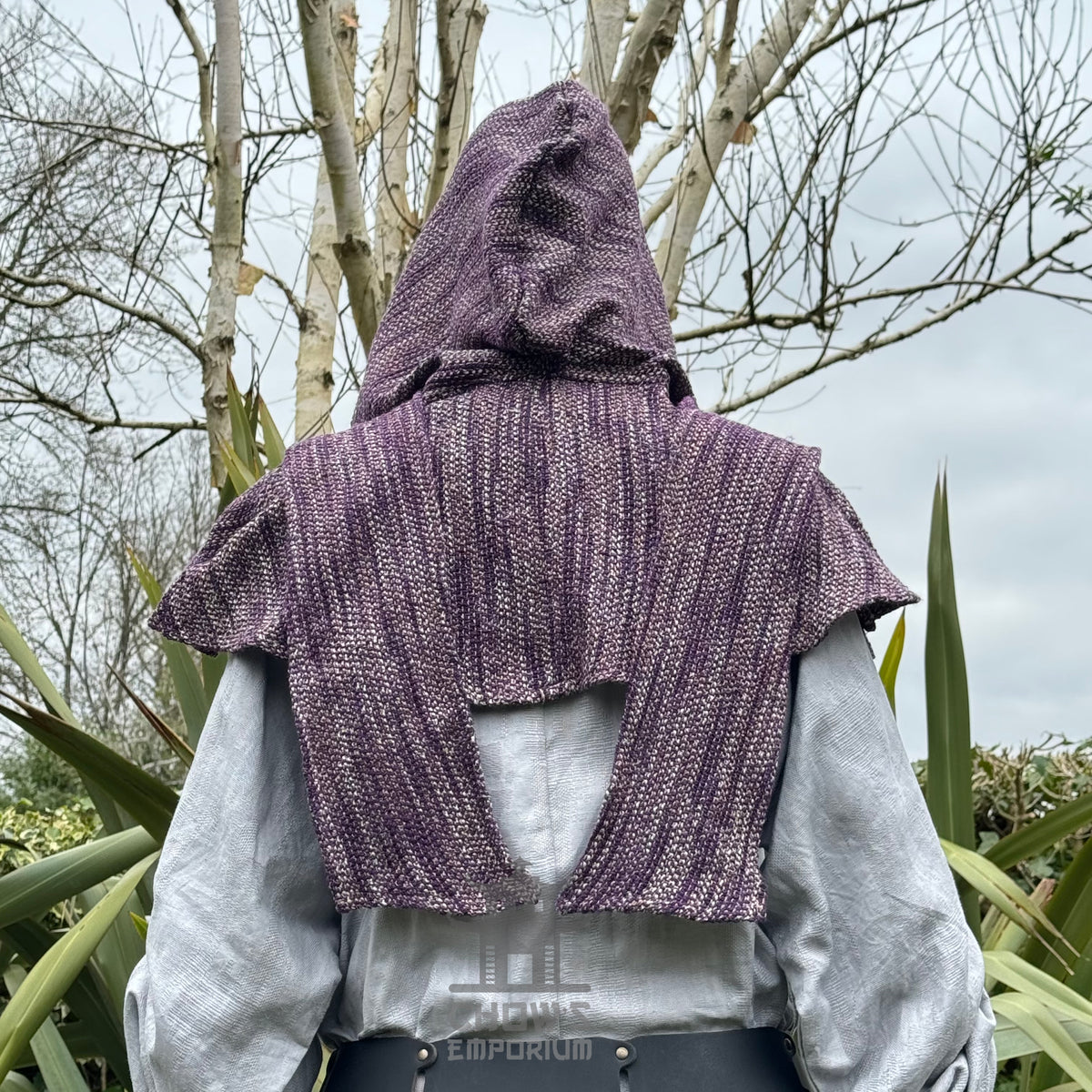 Purple wool scarf hood in medieval style, seen from the back.