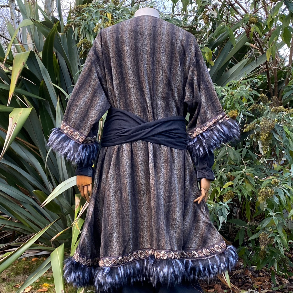 LARP medieval grey and black mohair tunic with sash, back view.