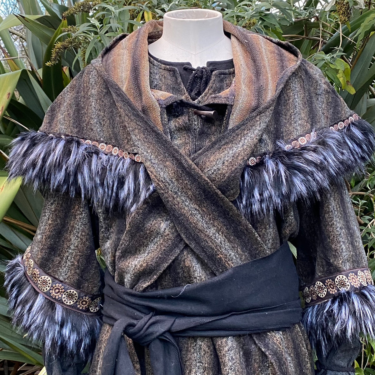 Arcane Shaman LARP outfit set with hood, tunic, and sash, featuring fur accents.