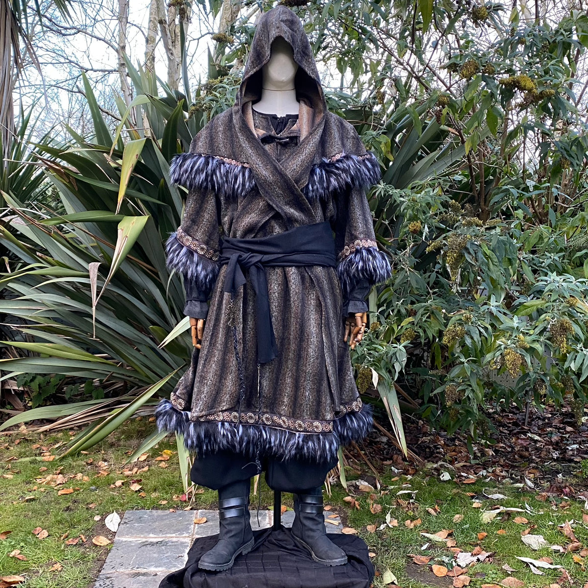 LARP arcane shaman outfit with hood, cloak, tunic, and sash, front view.