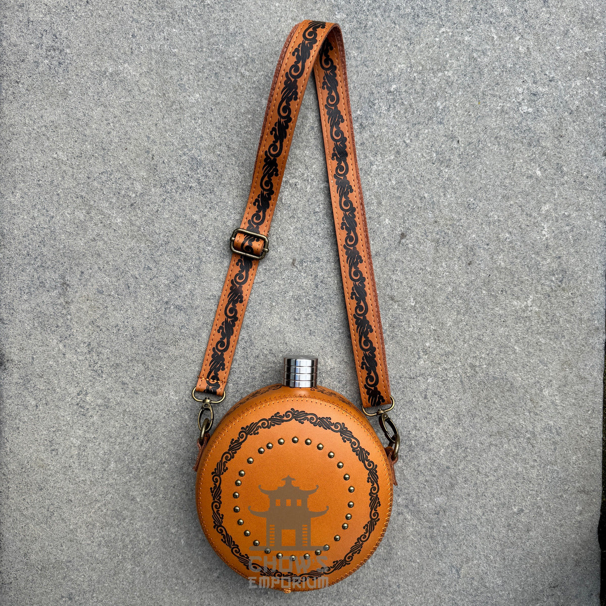 Decorative 42oz Leather Hip Flask with Shoulder Strap
