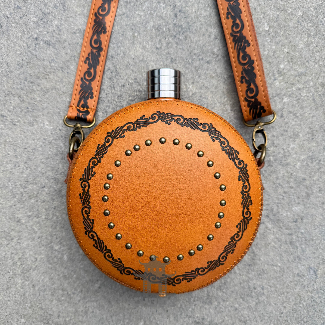 Decorative 42oz Leather Hip Flask with Shoulder Strap