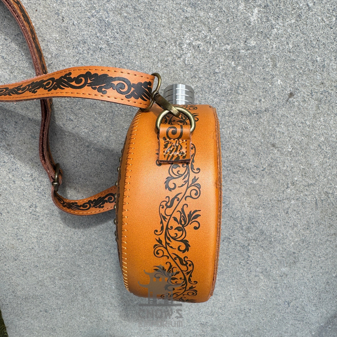Decorative 42oz Leather Hip Flask with Shoulder Strap