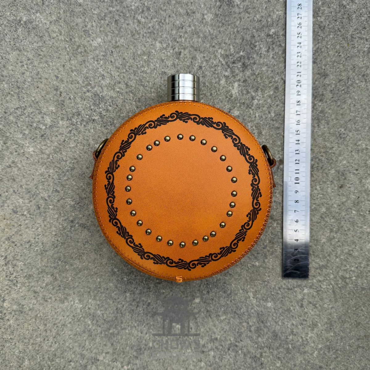 Decorative 42oz Leather Hip Flask with Shoulder Strap