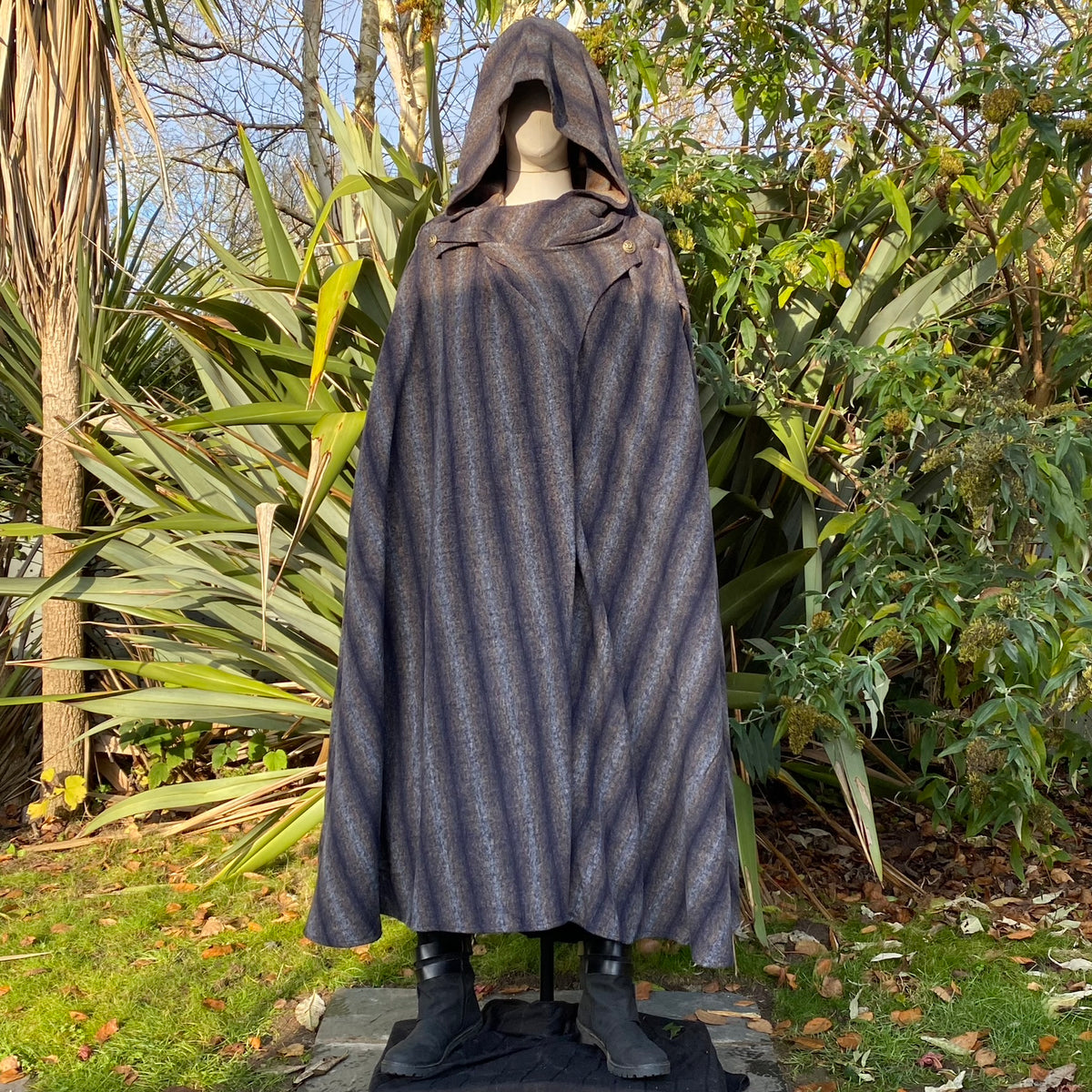 The Four Way LARP Cloak in Brown and Black Striped Mohair Wool is a Versatile Cape with Hood. The.