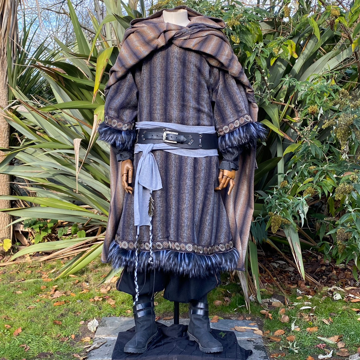 Open Front view of blue and grey striped wool LARP cloak with hood, medieval fantasy cosplay.
