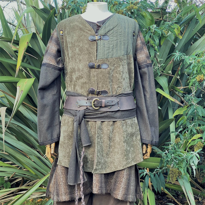 Forest Warrior LARP Outfit - 3 Pieces; Green & Brown Gambeson Jacket, Gambeson Hood, Mohair Tunic - Chows Emporium Ltd