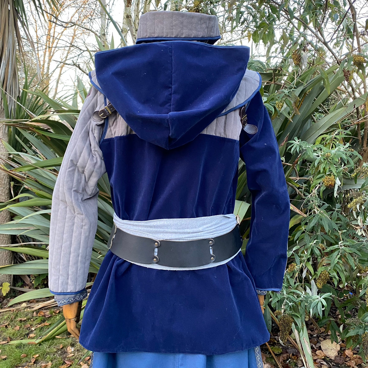Azure and grey LARP gambeson jacket with hood, back view, reinforced fabric.