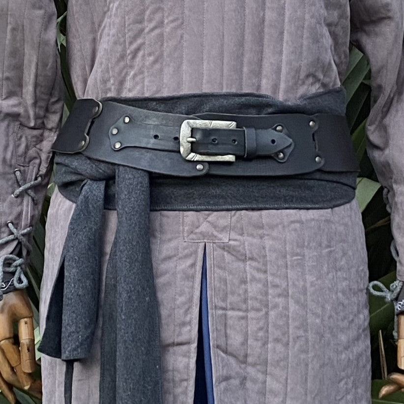 Curse Breaker LARP Outfit - 4 piece Set; Blue 4 Way Cloak, Grey Gambeson, Belt, Sash - Chows Emporium Ltd