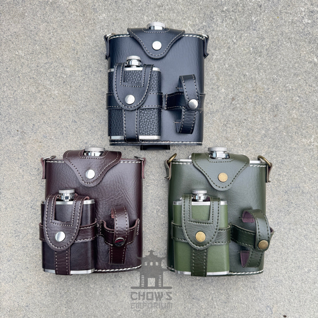 Ranger 18oz Leather Hip Flask with Mini Flask and Pouches