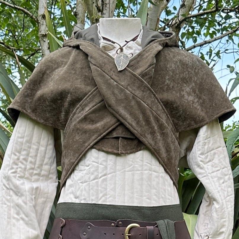 LARP-Outfit für Schurken-Druiden – 7 Teile: Jacke, Kapuze, Armschienen, Tunika, Hose, Gürtel, Schärpe