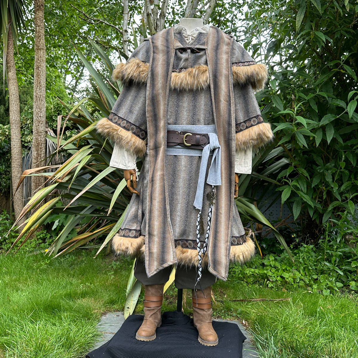 Brown and grey LARP tunic with hood, mohair fabric, front view.