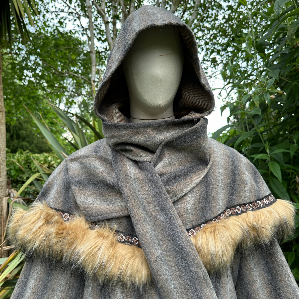 Medieval LARP tunic and hood in brown and grey mohair front view.