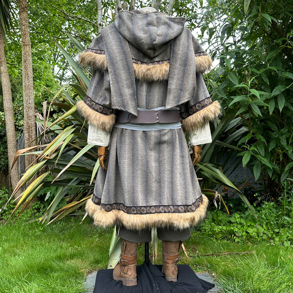 Medieval LARP outfit back view, featuring a brown and grey fur trim tunic and matching hood. For Renaissance Faire and historical roleplay events.