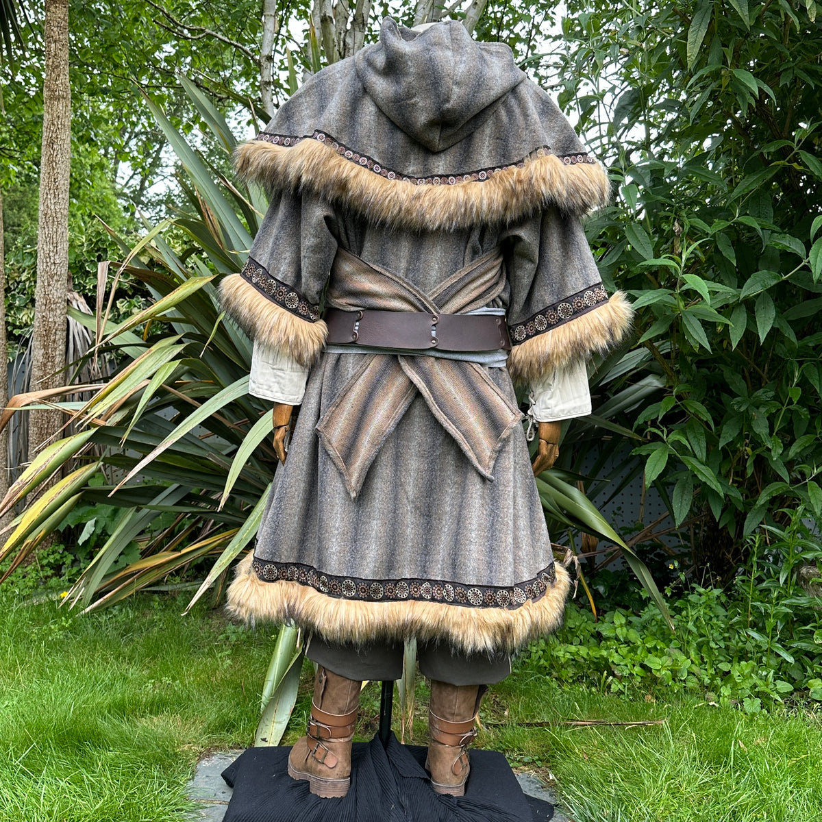 Barbarian fur-trimmed tunic in brown and grey, back view.