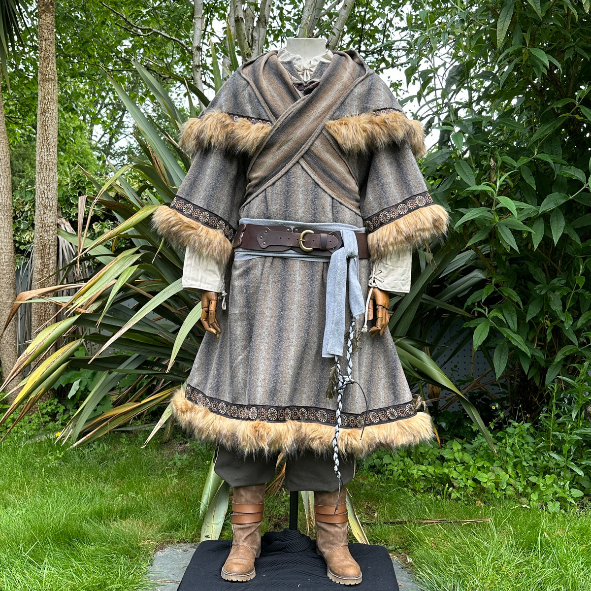 LARP medieval outfit, brown and grey tunic with fur, front view.