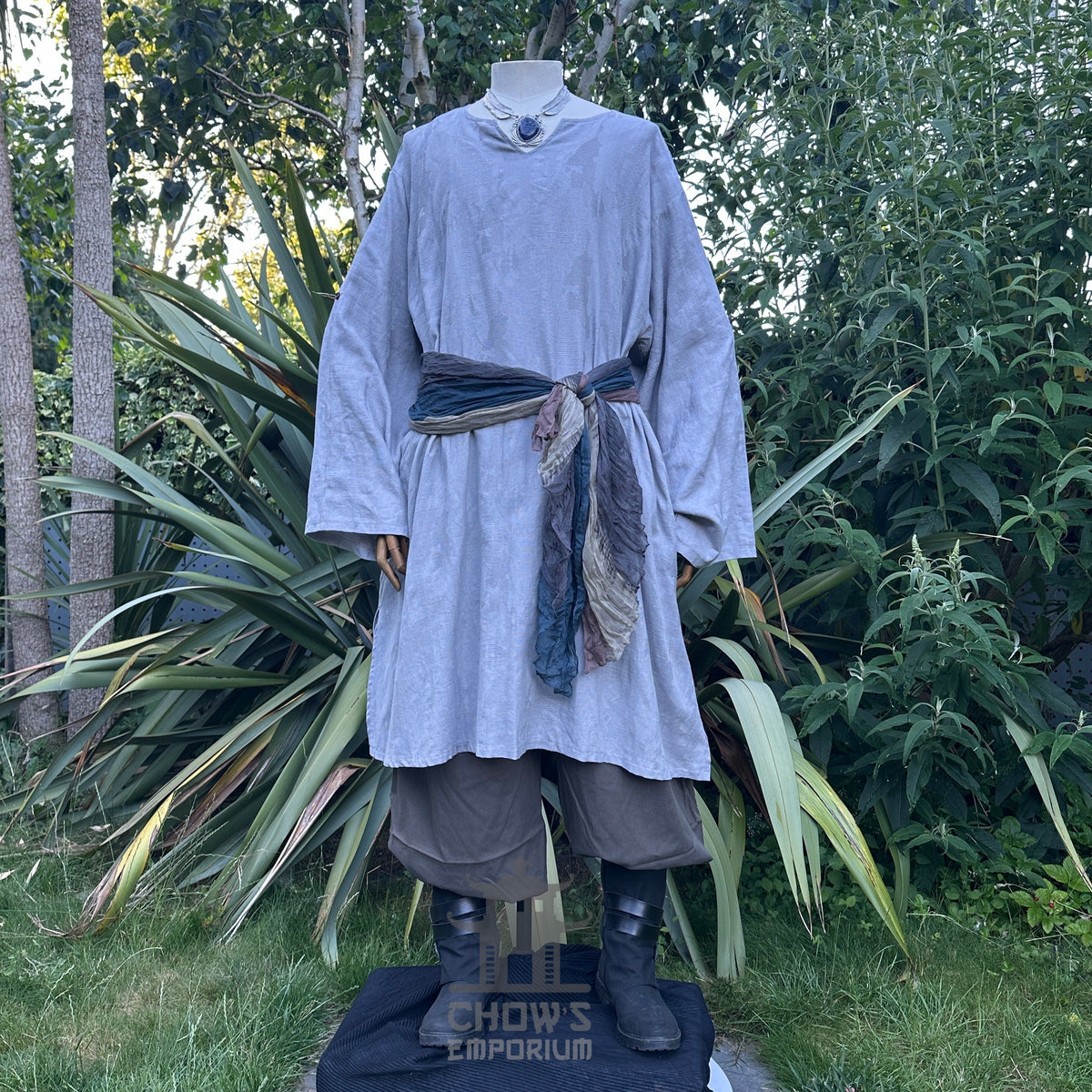 LARP ocean sorcerer set, grey robe, tunic, trousers with belt and sash front view.