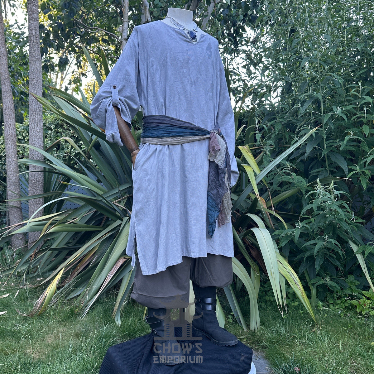 Grey LARP outfit with tunic, trousers, sash, front view.