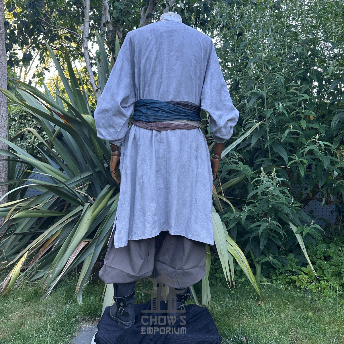 Grey textured cotton medieval tunic for LARP, back view, waist tie visible.