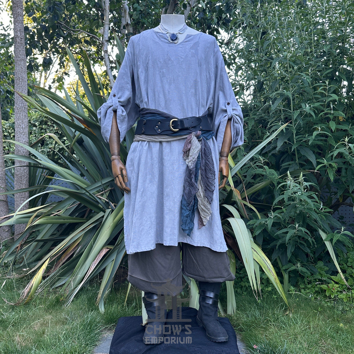 grey textured medieval tunic, front view for LARP.