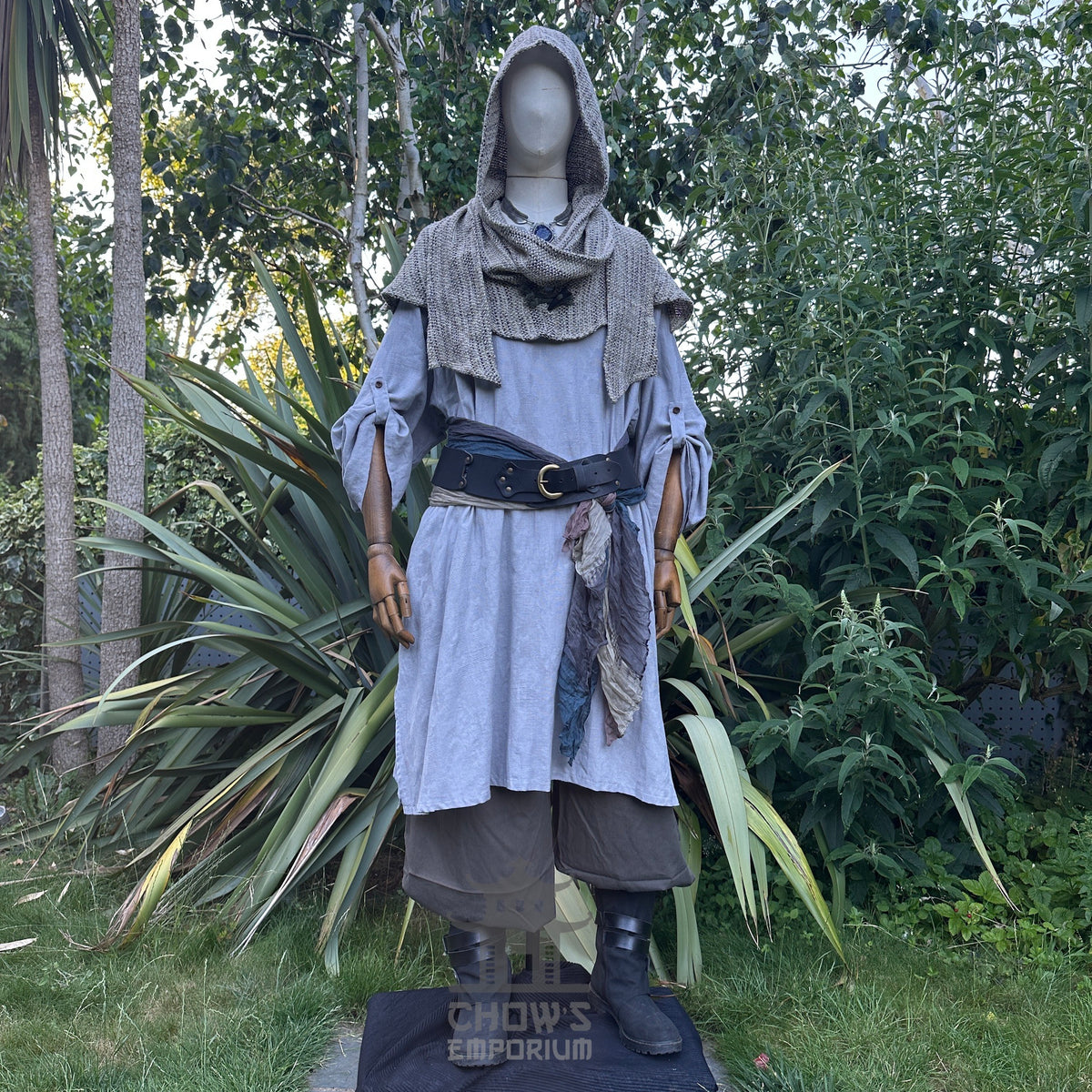 LARP medieval outfit: grey tunic, hood, trousers, sash on mannequin.