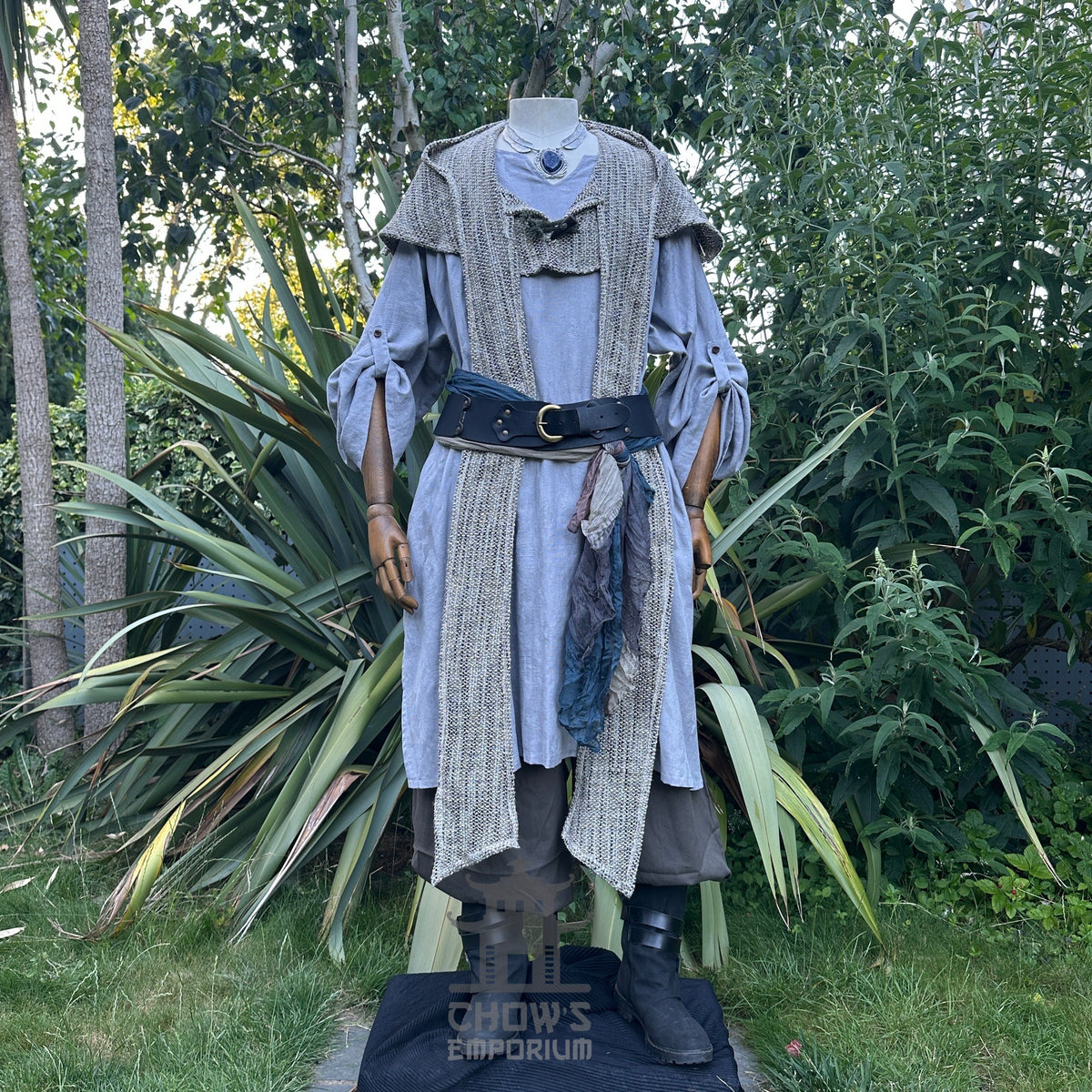 Medieval LARP tunic in grey textured cotton, front view with belt.