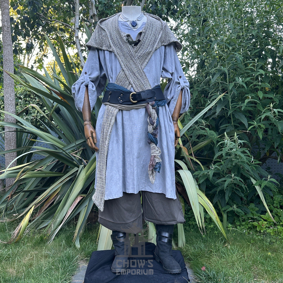 LARP grey tunic, hood, trousers, and sash on mannequin.
