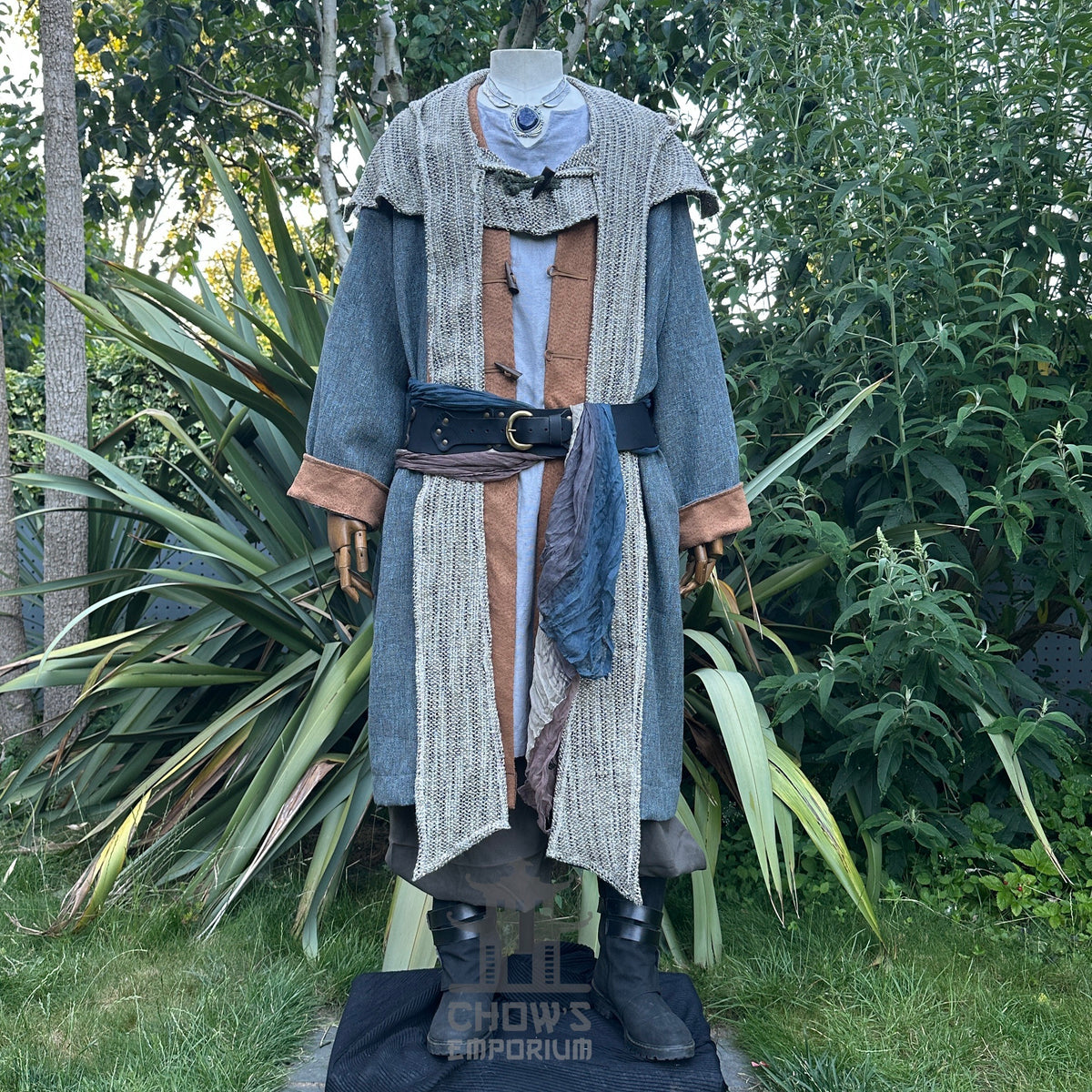 Medieval LARP robe set with layered tunic, textured hood, and.