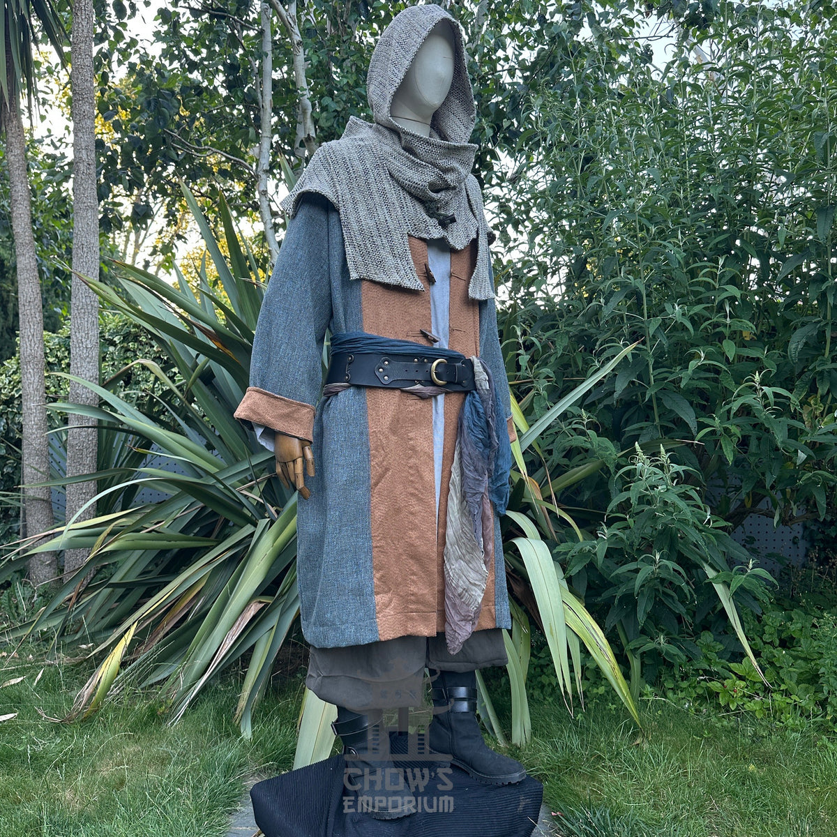 Medieval LARP outfit with layered robe and hood.