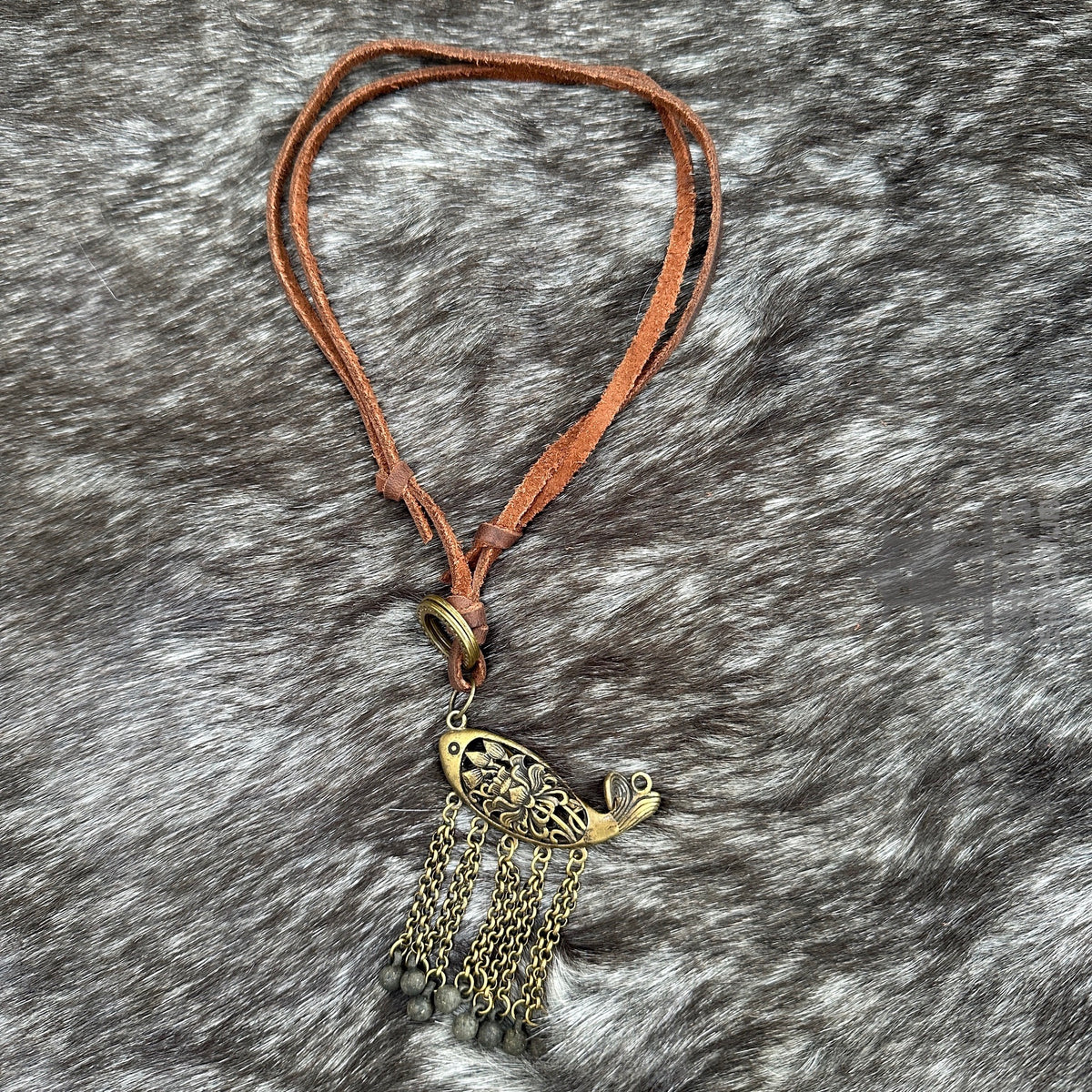 Bronze fish pendant with chain tassels on brown leather cord for LARP.