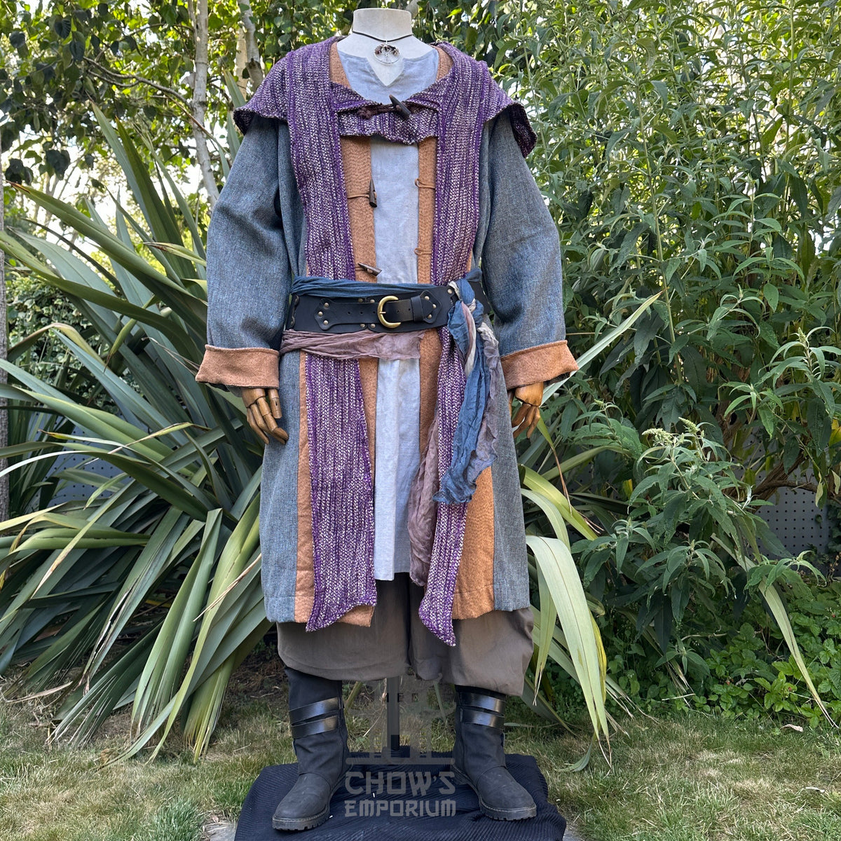 Medieval LARP set with blue robe, purple sash, and black belt.