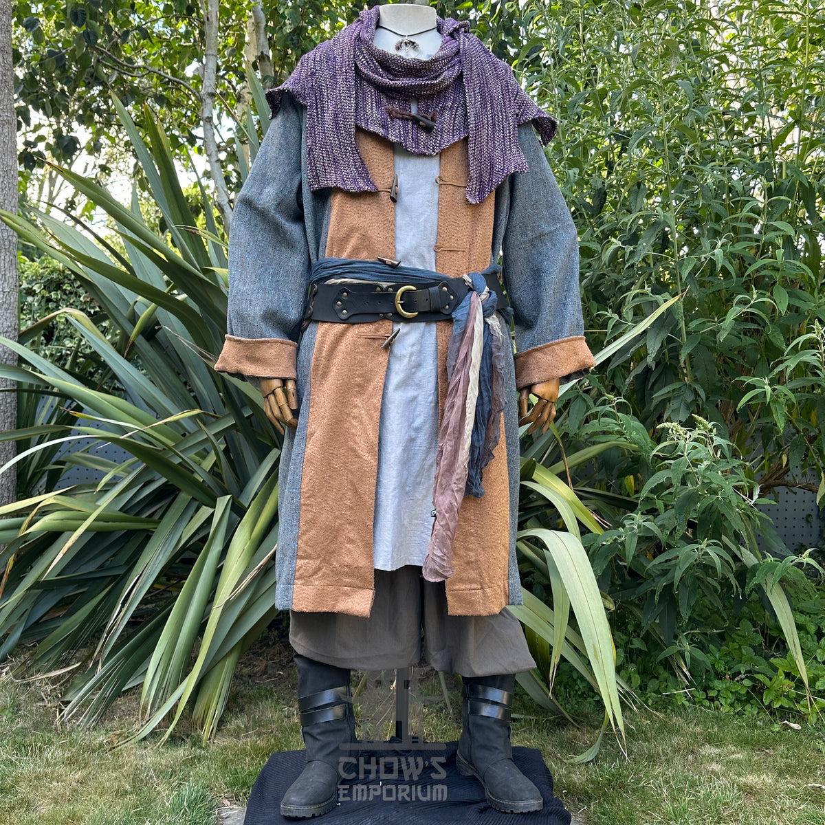 Ocean Cleric LARP set with blue and brown robe, purple hood.