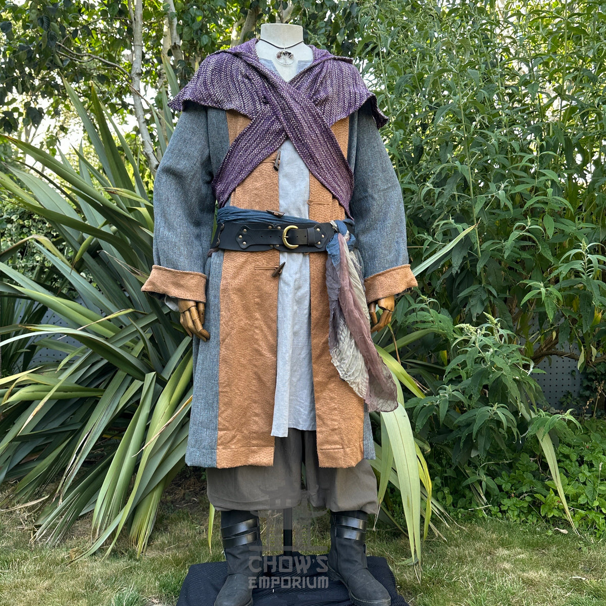 Ocean Cleric LARP set: blue robe, brown tunic, purple hood, front view.