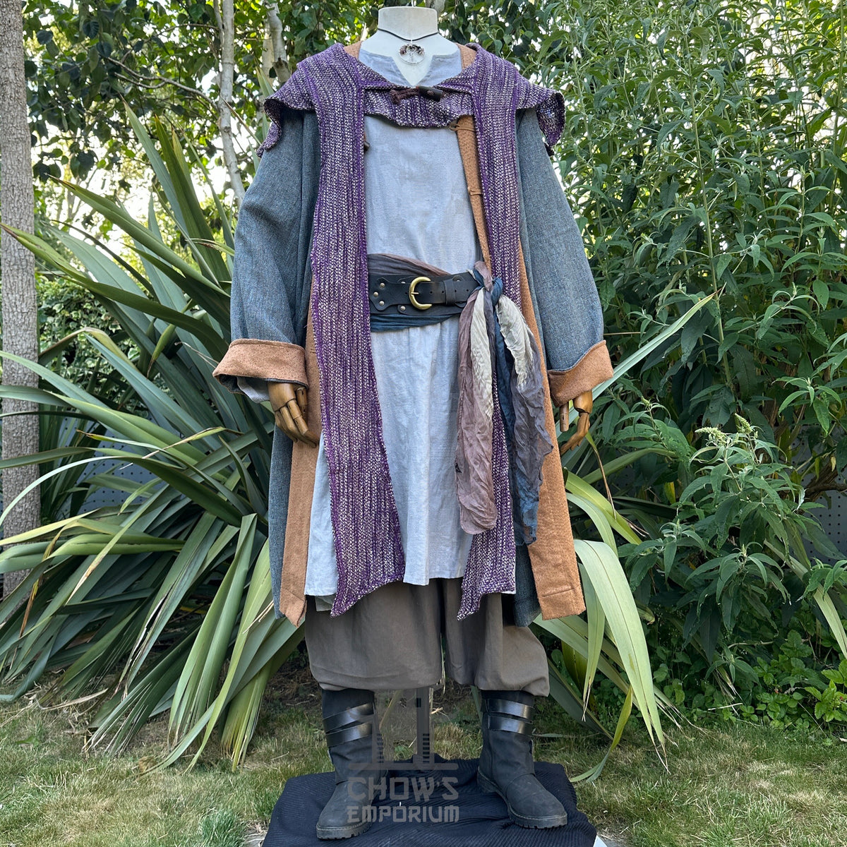 Blue and brown LARP robe set with purple hood, white tunic, brown sash.